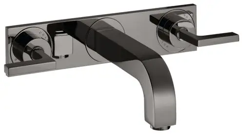 Waschtischarmatur von AXOR mit wandmontierter Plattentechnologie, zwei Hebelgriffen für Temperatur- und Durchflussregelung, in glänzendem Schwarzchrom.